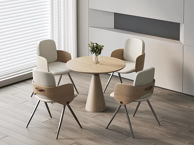 Modern Round Wooden Table and Four Chairs Set in Minimalist Interior with Wooden Floor 3d model