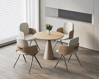 Modern Round Wooden Table and Four Chairs Set in Minimalist Interior with Wooden Floor 3d model