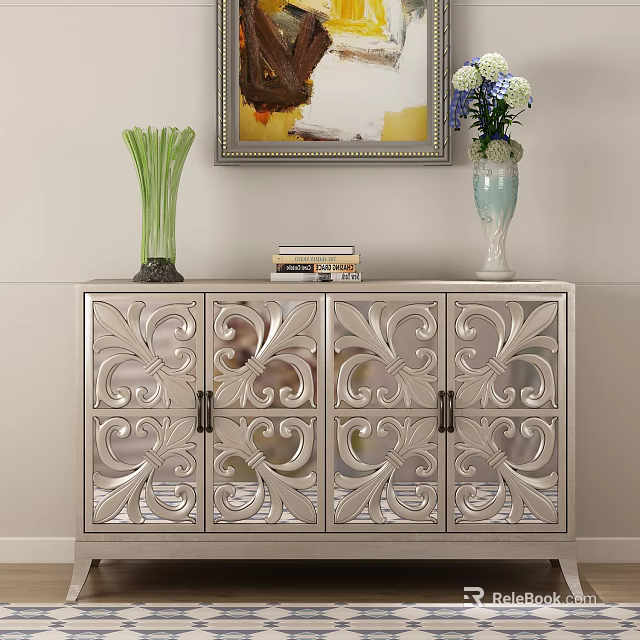 Ornate Console Cabinet With Carved Patterns And Decorative Vases Books Painting On Top 3d model 