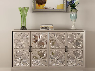 Ornate Console Cabinet With Carved Patterns And Decorative Vases Books Painting On Top 3d model