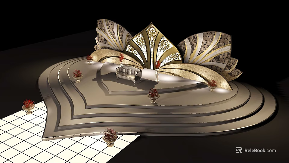 Heart Shaped Multi Layered Platform With Petal Like Gold Black White Pattern Decorations Red Ornaments 3d model 