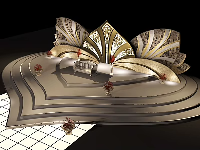 Heart Shaped Multi Layered Platform With Petal Like Gold Black White Pattern Decorations Red Ornaments 3d model