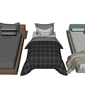Single Bed Designs Featuring Wooden Frame Checkered Quilt And Striped Pillows 3d model