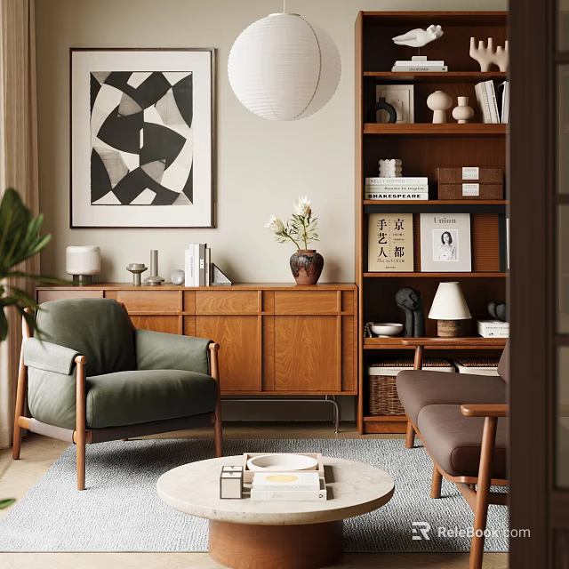 Cozy Living Room Interior With Green Armchair Brown Sofa Wooden Cabinet And Geometric Art 3d model 