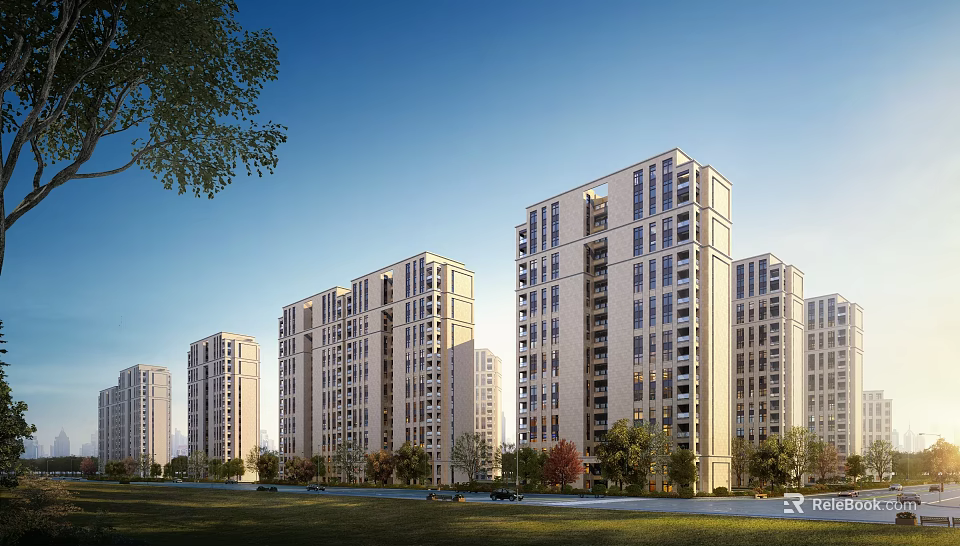 Modern High Rise Residential Buildings Exterior With Greenery Trees Road And Cars 3d model 