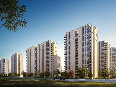 Modern High Rise Residential Buildings Exterior With Greenery Trees Road And Cars 3d model