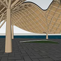 Elegant Garden Landscape Featuring Curved Wooden Pavilion Tree And Water Reflection