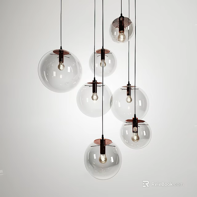 Modern Transparent Glass Globe Pendant Lights With Black And Copper Hanging Details 3d model 