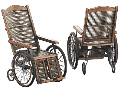 Vintage Wooden Armchair With Wheels And Woven Rattan Seat Back 3d model