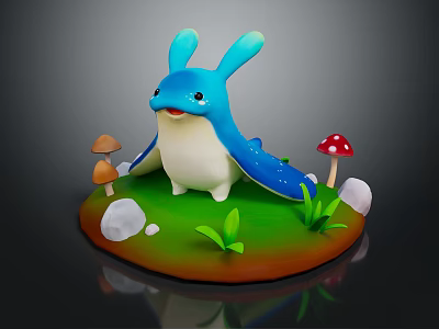 Blue Rabbit Like Creature On Green Grassy Base With Mushrooms Stones And Grass Blades 3d model