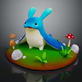 Blue Rabbit Like Creature On Green Grassy Base With Mushrooms Stones And Grass Blades