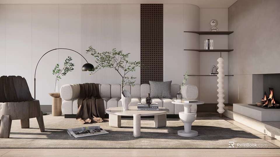 Modern Living Room Sofa And Coffee Table Set With Pillows Plants Floor Lamp And Shelves 3d model 