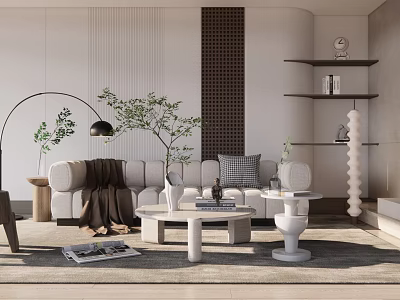 Modern Living Room Sofa And Coffee Table Set With Pillows Plants Floor Lamp And Shelves 3d model