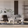 Modern Living Room Sofa And Coffee Table Set With Pillows Plants Floor Lamp And Shelves