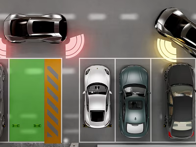 Top View Of Car Parking Lot With Vehicles In Spaces And Reverse Parking Radar Assistance 3d model