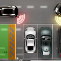 Top View Of Car Parking Lot With Vehicles In Spaces And Reverse Parking Radar Assistance