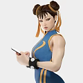 Game And Movie Character In Blue Bodysuit With Yellow Stripes Holding Smartphone Double Bun Hairstyle