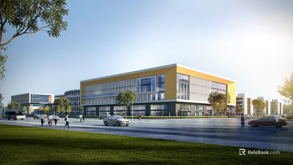 Modern Yellow Office Building Exterior With Glass Curtain Walls Trees Grass And Pedestrians On Road 3d model 