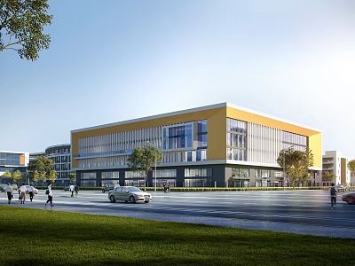 Modern Yellow Office Building Exterior With Glass Curtain Walls Trees Grass And Pedestrians On Road 3d model