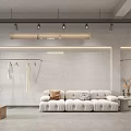 Minimalist Clothing Store Interior with Hanging Clothes Arched Mirror and Shelved Cabinets