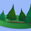 Cartoon Scene Featuring Green Pine Trees With Red Trunks And Grass Under Blue Sky