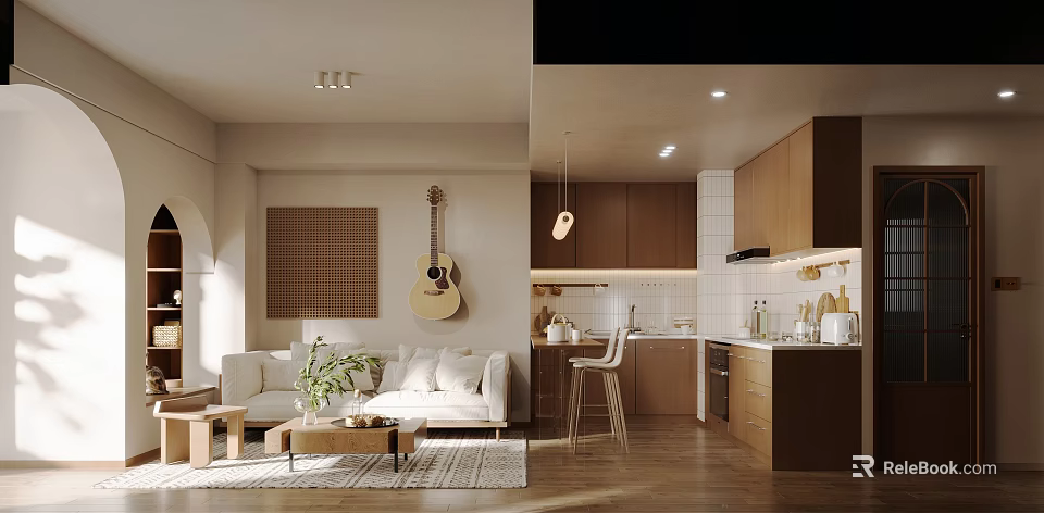 Modern Living and Dining Room Interior With Sofa Coffee Table Guitar Wooden Cabinets Hanging Lamp 3d model 