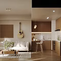 Modern Living and Dining Room Interior With Sofa Coffee Table Guitar Wooden Cabinets Hanging Lamp