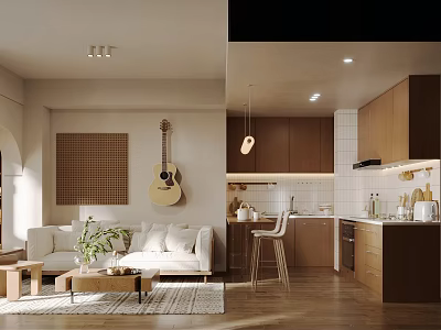 Modern Living and Dining Room Interior With Sofa Coffee Table Guitar Wooden Cabinets Hanging Lamp 3d model