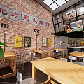 Stylish Restaurant Interior With Bar Counter Wooden Tables Pendant Lights And Brick Walls