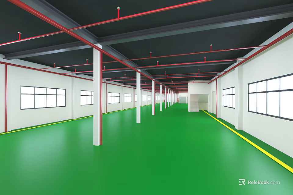 Industrial Factory Interior With Green Floor White Columns Red Pipes On Ceiling And Windows 3d model 