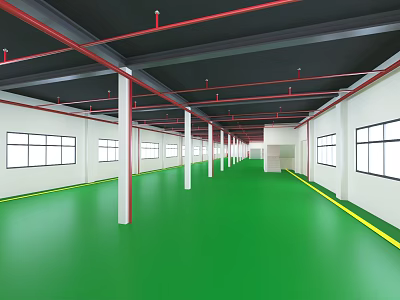 Industrial Factory Interior With Green Floor White Columns Red Pipes On Ceiling And Windows 3d model