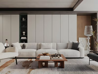 Modern Living Room Interior With Neutral Sofa Wooden Coffee Table And Decorative Elements 3d model