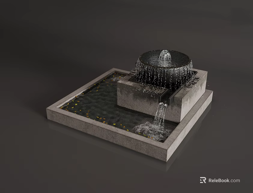 Decorative Water Fountain With Square Stone Base And Circular Top Cascading Water 3d model 