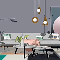 Modern Sofa Coffee Table Set With Decorative Pillows Round Tables Pendant Lights And Green Plants