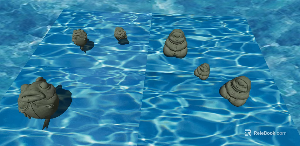 Small Stone Statues On Calm Blue Water Surface With Ripples 3d model 