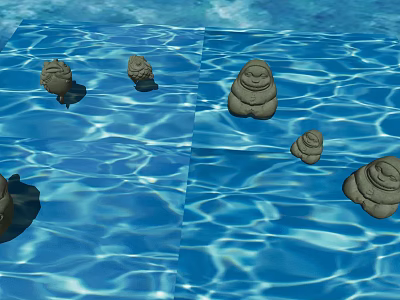 Small Stone Statues On Calm Blue Water Surface With Ripples 3d model