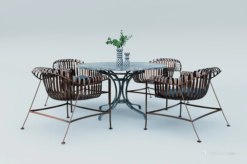 Stylish Round Table And Wicker Chairs Set With Metal Legs And Decorative Plant 3d model 