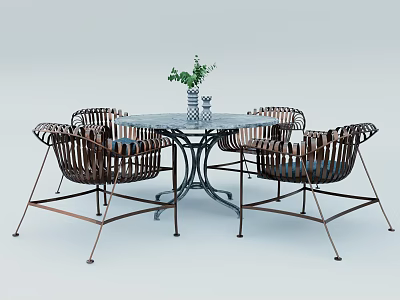 Stylish Round Table And Wicker Chairs Set With Metal Legs And Decorative Plant 3d model
