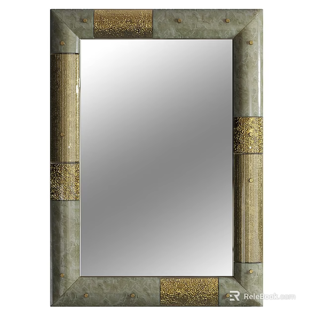 Modern Decorative Rectangular Mirror With Golden Accents And Textured Frame Design 3d model 