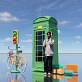 Popular Photo Spot With Green Phone Booth Yellow Bicycle Traffic Light Under Blue Sky