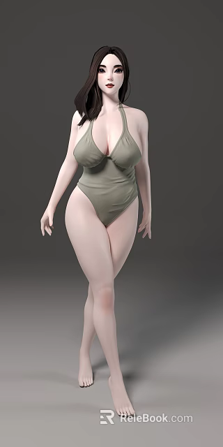 Woman In Olive Green One Piece Swimsuit With Curvy Figure Against Gray Background 3d model 