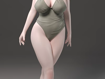 Woman In Olive Green One Piece Swimsuit With Curvy Figure Against Gray Background 3d model