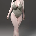 Woman In Olive Green One Piece Swimsuit With Curvy Figure Against Gray Background