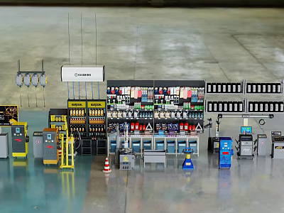 Industrial Equipment Setup Featuring Various Tools Storage Racks Control Panels And Safety Cones 3d model