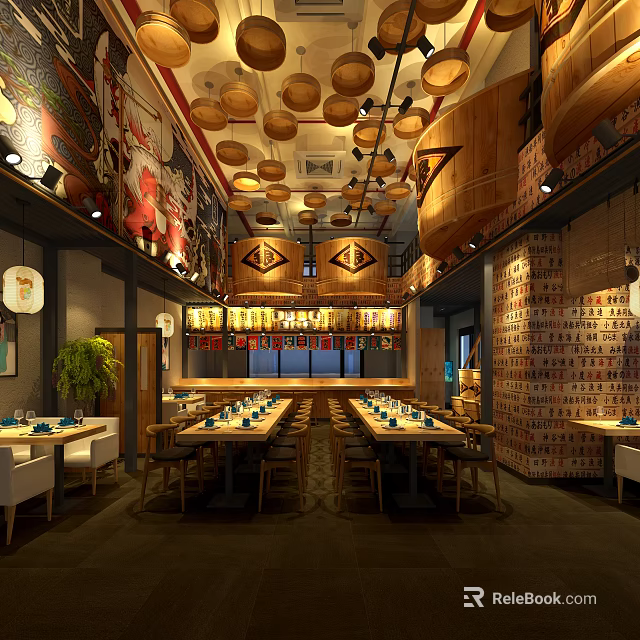 Traditional Chinese Restaurant Interior With Wooden Ceiling Hanging Lanterns And Mural Decor 3d model 