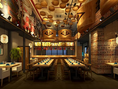 Traditional Chinese Restaurant Interior With Wooden Ceiling Hanging Lanterns And Mural Decor 3d model
