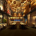 Traditional Chinese Restaurant Interior With Wooden Ceiling Hanging Lanterns And Mural Decor