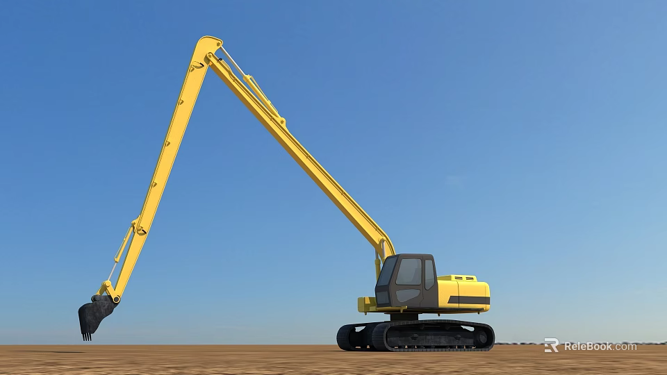 Yellow Excavator Utility Vehicle With Long Arm On Open Ground Under Blue Sky 3d model 