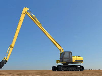 Yellow Excavator Utility Vehicle With Long Arm On Open Ground Under Blue Sky 3d model