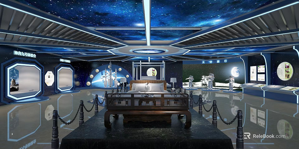 Exhibition Hall With Starry Sky Ceiling Chinese Bed Moon Astronaut Models And Blue Lighting 3d model 